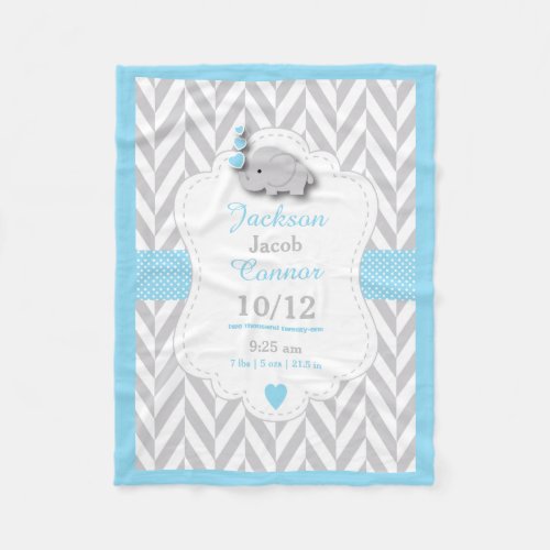 Baby Blue Elephant Birth Keepsake Design Fleece Blanket