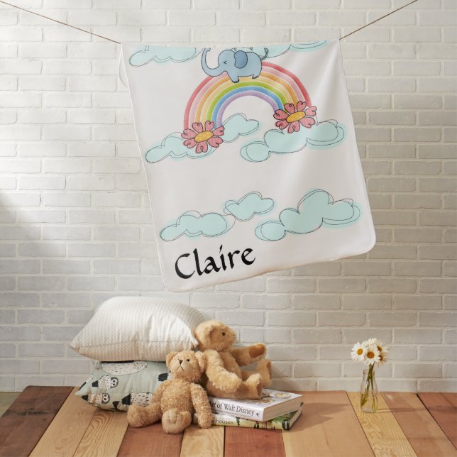 Baby Blue Elephant Clouds Rainbow Baby Blanket (In Situ)