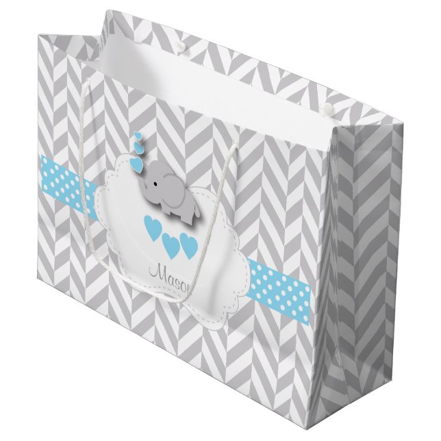 Baby Blue 🐘 Elephant Design 👶 Baby Boy Shower Large Gift Bag (Front Angled)