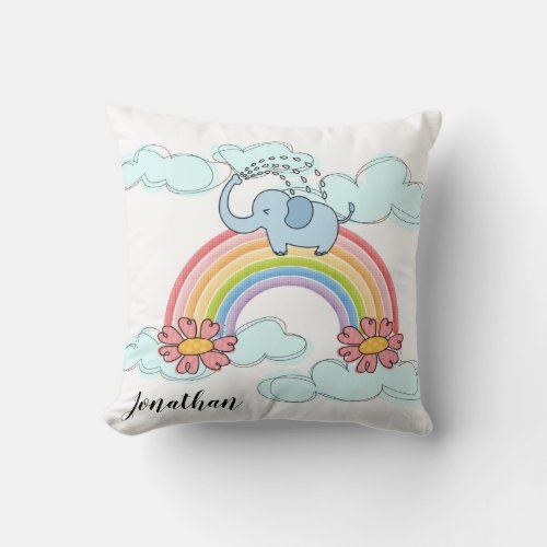 Baby Blue Elephant Rainbow Clouds Throw Pillow 