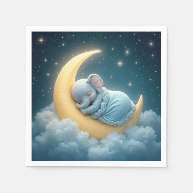Baby Blue Elephant Sleeping on a Crescent Moon Napkins (Front)