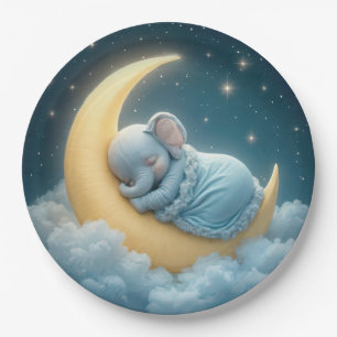 Baby Blue Elephant Sleeping on a Crescent Moon Paper Plates