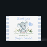 Baby Blue Elephant Thank You Baby Shower Card<br><div class="desc">Baby Blue Elephant Thank You Baby Shower Card 

This boy's watercolor elephant baby shower thank you card features some foliage,  a cute elephant and a baby blue heart shaped balloon.  This boy's baby shower thank you card also features a stripe pattern.</div>