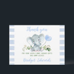 Baby Blue Elephant Thank You Baby Shower Card<br><div class="desc">Baby Blue Elephant Thank You Baby Shower Card 

This boy's watercolor elephant baby shower thank you card features some foliage,  a cute elephant and a baby blue heart shaped balloon.  This boy's baby shower thank you card also features a stripe pattern.</div>