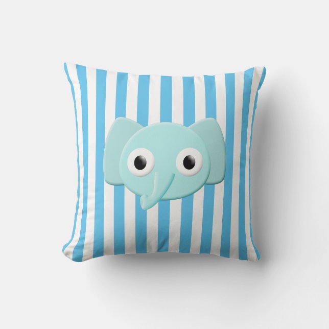 Baby Blue Elephant White Stripes Throw Pillow (Front)