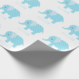 Baby Blue Elephants Pattern Boys Baby Shower Name Wrapping Paper