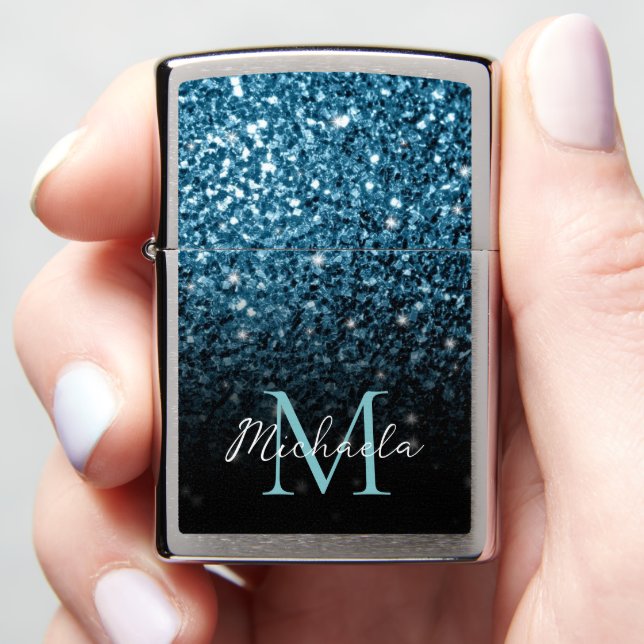 Baby blue faux glitter sparkles elegant Monogram Zippo Lighter (In Hand)