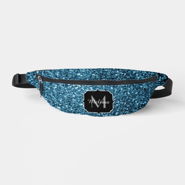 Baby blue faux glitter sparkles Monogram Fanny Pack (Front)