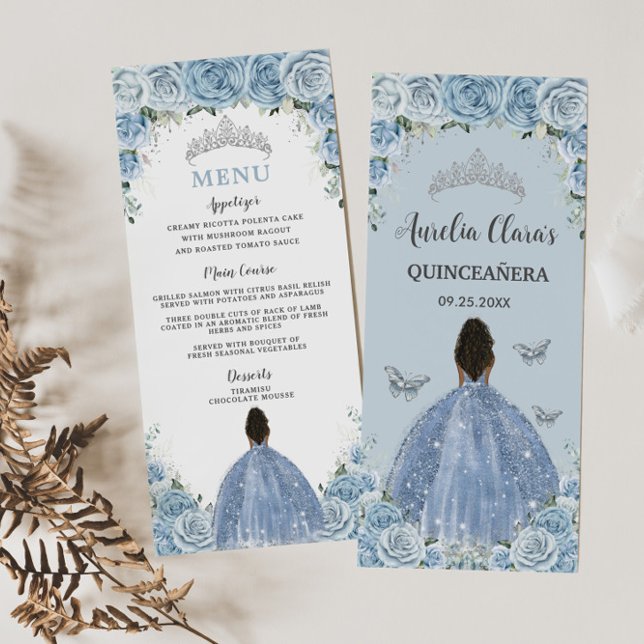 Baby Blue Floral Brown Princess Quinceañera Menu (Creator Uploaded)