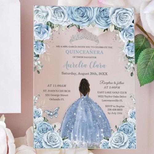 Baby Blue Floral Brown Princess Silver Quincea&#241;era Acrylic Invitations