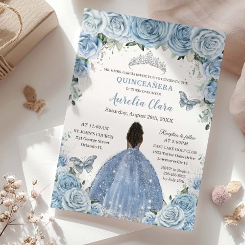 Baby Blue Floral Brown Princess Silver Quincea&#241;era Invitation