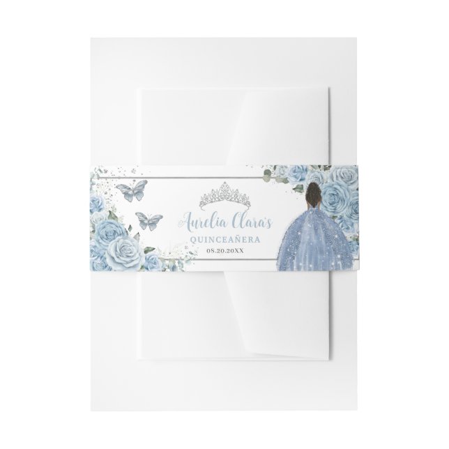 Baby Blue Floral Brown Tan Princess Quinceanera Invitation Belly Band (Front Example)