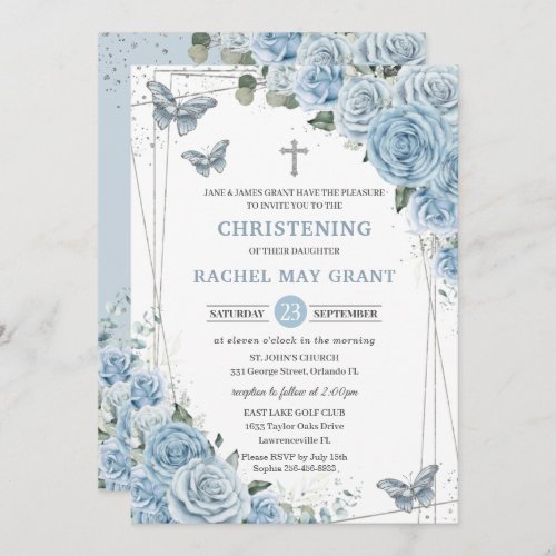Baby Blue Floral Butterflies Christening Baptism Invitation