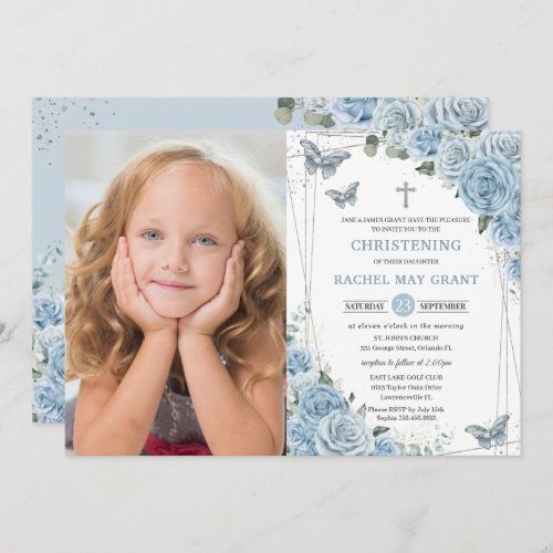 Baby Blue Floral Butterflies Christening Baptism  Invitation