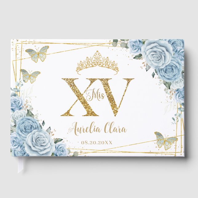 Baby Blue Floral Butterflies Gold Quinceañera XV Guest Book (Front)