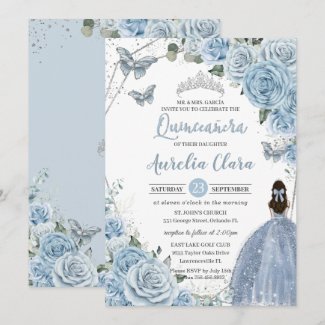 Baby Blue Floral Butterflies Princess QUINCEAÑERA  Invitation