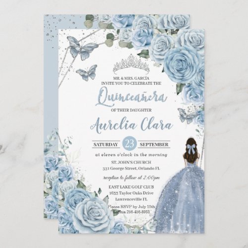 Baby Blue Floral Butterflies Princess QUINCEAERA  Invitation
