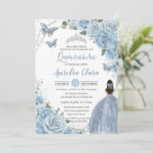 Baby Blue Floral Butterflies Princess QUINCEAÑERA  Invitation (Standing Front)