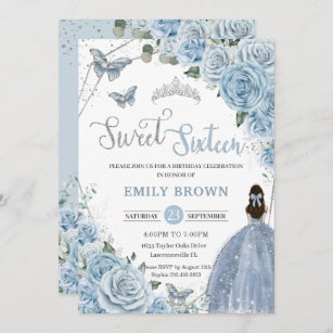 Baby Blue Floral Butterflies Princess Sweet 16 Invitation