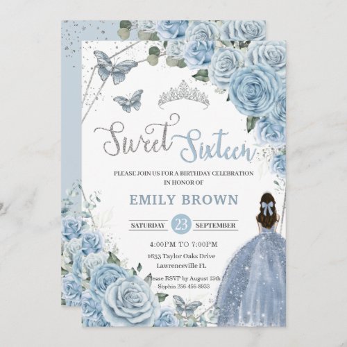 Baby Blue Floral Butterflies Princess Sweet 16 Invitation