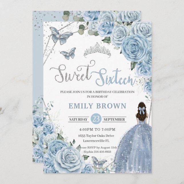 Baby Blue Floral Butterflies Princess Sweet 16 Invitation (Front/Back)