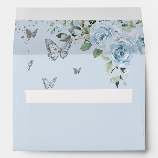 Baby Blue Floral Butterflies Quinceañera Birthday Envelope (Back (Bottom))