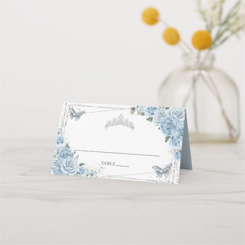 Baby Blue Floral Butterflies Quinceaera Birthday Place Card