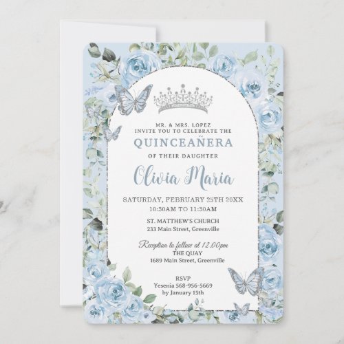 Baby Blue Floral Butterflies Quinceaera Photo Invitation