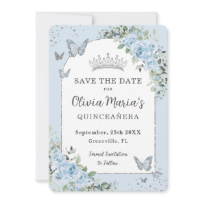 Baby Blue Floral Butterflies Quinceañera Photo Save The Date
