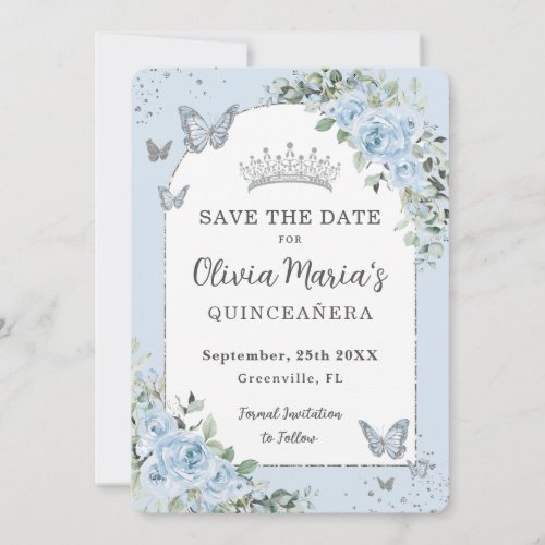 Baby Blue Floral Butterflies Quinceaera Photo Save The Date