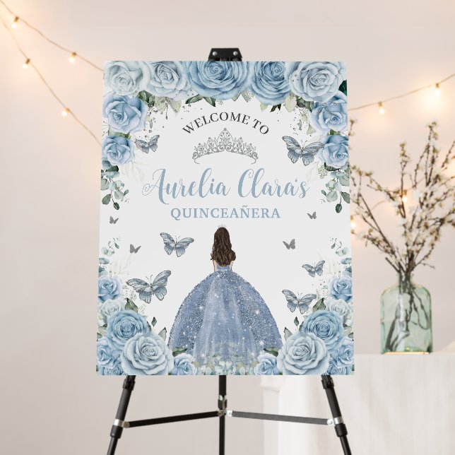 Baby Blue Floral Butterflies Quinceañera Sweet 16 Foam Board (In Situ (Stand))