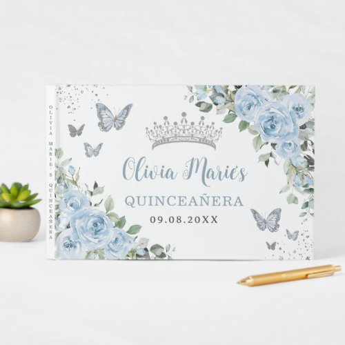 Baby Blue Floral Butterflies Silver Quinceaera Guest Book