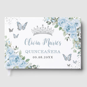 Baby Blue Floral Butterflies Silver Quinceañera Guest Book