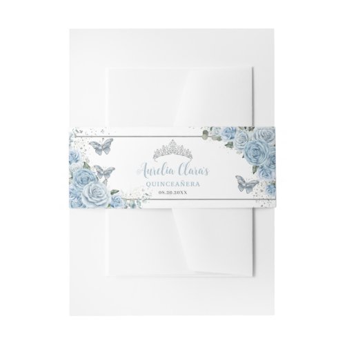 Baby Blue Floral Butterflies Silver Quinceanera Invitation Belly Band