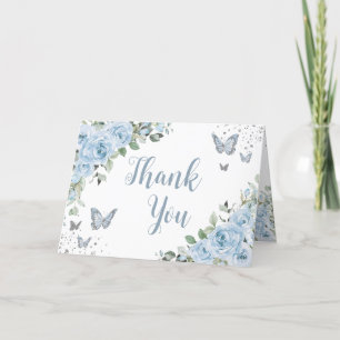 Baby Blue Floral Butterflies Silver Quinceañera Letterpress Thank You Card