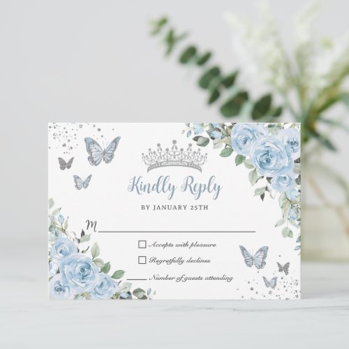 Baby Blue Floral Butterflies Silver Quinceaera RSVP Card