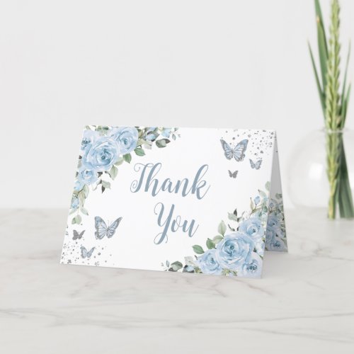 Baby Blue Floral Butterflies Silver Quinceaera Thank You Card