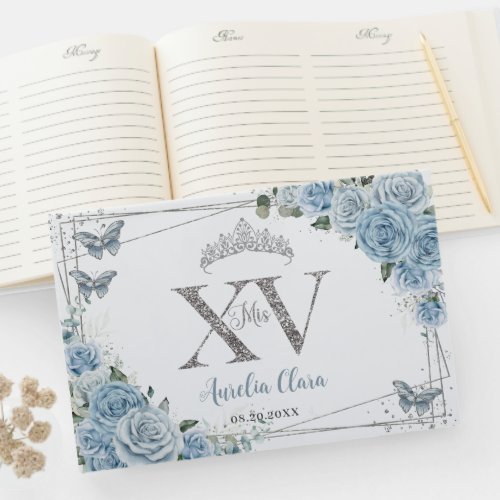 Baby Blue Floral Butterflies Silver Quinceanera XV Guest Book
