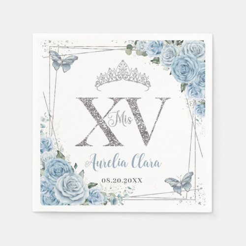 Baby Blue Floral Butterflies Silver Quinceaera XV Napkins