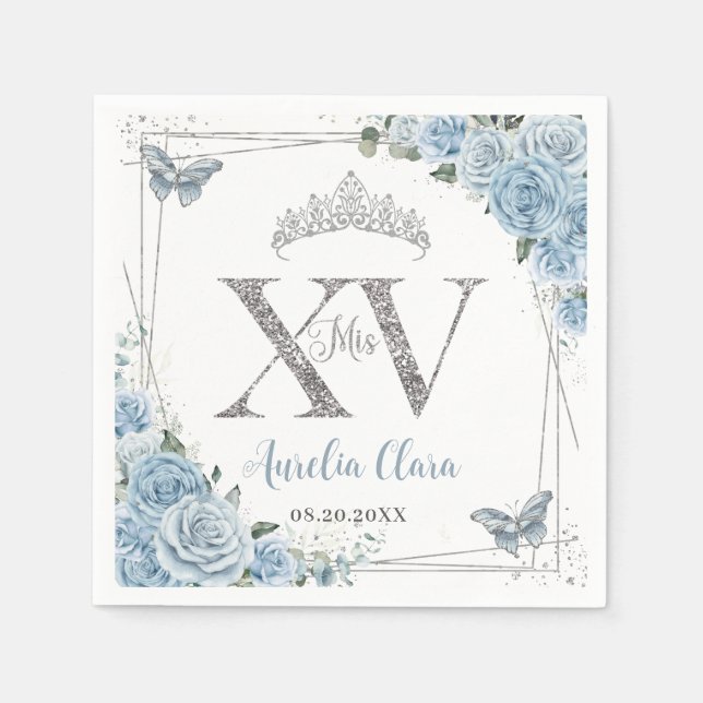 Baby Blue Floral Butterflies Silver Quinceañera XV Napkins (Front)
