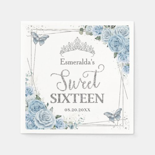 Baby Blue Floral Butterflies Silver Sweet Sixteen  Napkins