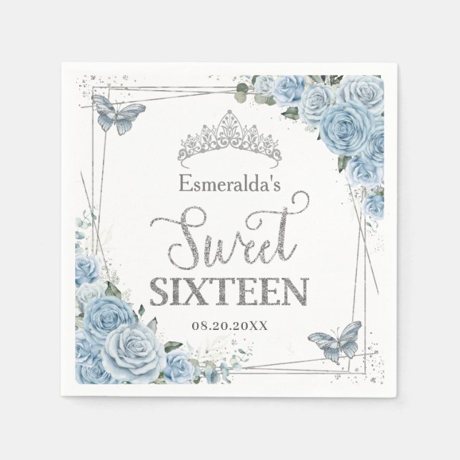 Baby Blue Floral Butterflies Silver Sweet Sixteen  Napkins (Front)
