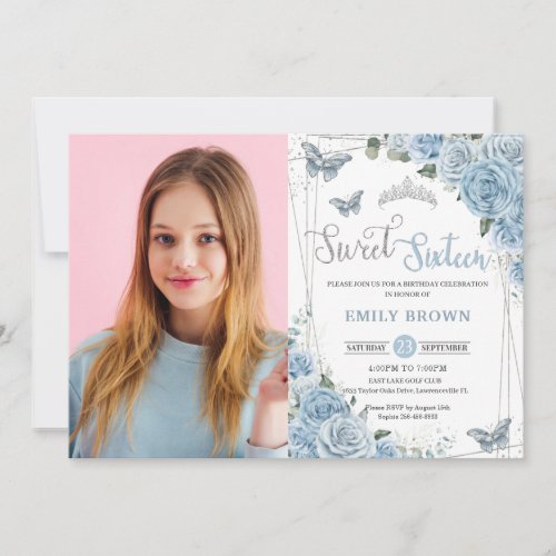 Baby Blue Floral Butterflies Sweet sixteen 16th In Invitation