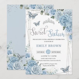 Baby Blue Floral Butterflies Sweet sixteen 16th Invitation