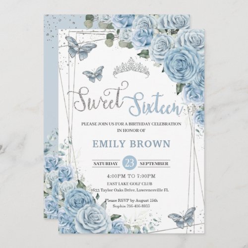 Baby Blue Floral Butterflies Sweet sixteen 16th Invitation
