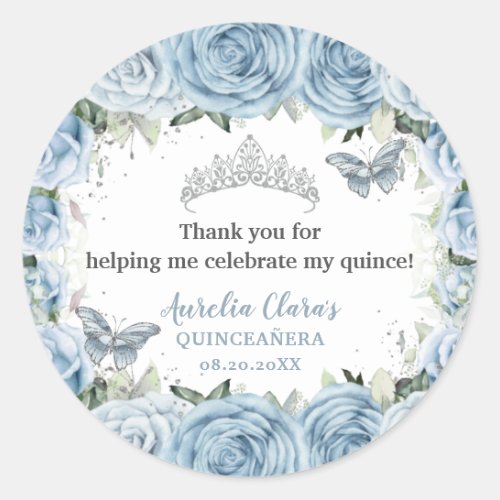 Baby Blue Floral Butterflies Tiara QUINCEAERA  Classic Round Sticker