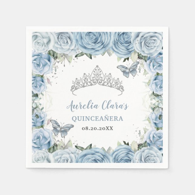 Baby Blue Floral Butterflies Tiara QUINCEAÑERA  Napkins (Front)