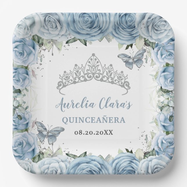 Baby Blue Floral Butterflies Tiara QUINCEAÑERA   Paper Plates (Front)