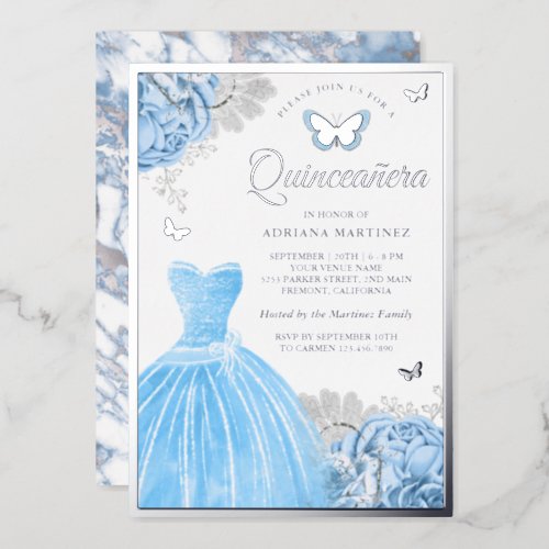 Baby Blue Floral Butterfly Quinceanera Silver Foil Invitation