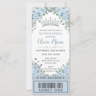 Baby Blue Floral Butterfly Quinceañera VIP Ticket Invitation